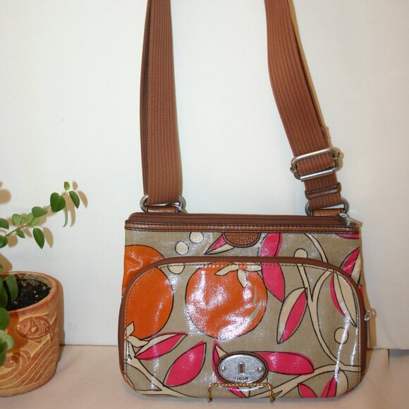 Fossil Key-per Tan Floral Waxed Canvas Cross-body Purse B-149 - Picture 1 of 7
